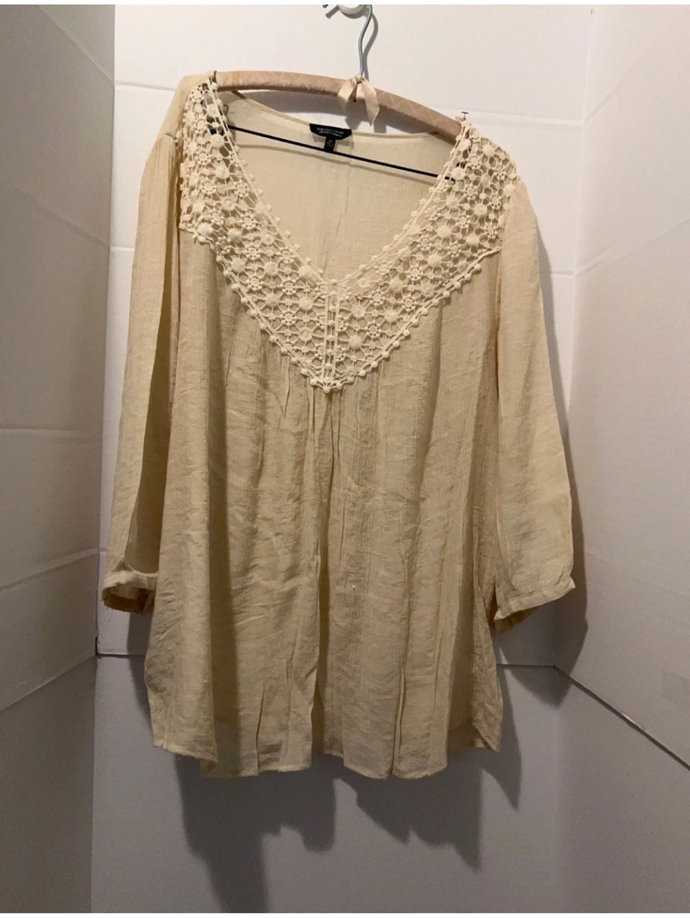 Spense Women’s Boho 2X Tunic Top Beige Crochet Lace V-Neck 3/4 Sleeve Loose Fit